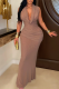 Apricot Sexy Solid Color Ruched Deep V Neck Long Dresses