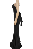 Blue Sexy Solid Color Patchwork Oblique Collar Fishtail Dresses