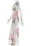 Apricot Pink Elegant Print Ruched O Neck Long Dresses