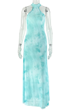 Lake Blue Casual Vacation Print Patchwork Halter Long Dresses