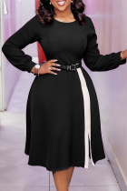 Black Casual Solid Color With Belt Contrast O Neck Long Dresses