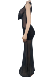 Black Sexy Solid Color Ruched Deep V Neck Long Dresses