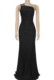 Blue Sexy Solid Color Patchwork Oblique Collar Fishtail Dresses