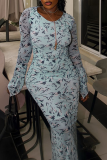 Light Blue Casual Print Patchwork O Neck Long Dresses