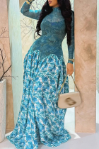 Blue Elegant Print Contrast O Neck Long Dresses