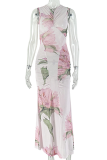 Apricot Pink Elegant Print Ruched O Neck Long Dresses