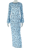 Light Blue Casual Print Patchwork O Neck Long Dresses
