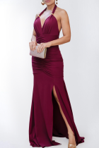 Burgundy Sexy Solid Color Backless Slit Halter Long Dresses