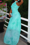 Lake Blue Casual Vacation Print Patchwork Halter Long Dresses