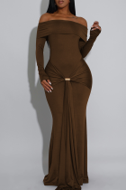 Coffee Sexy Solid Color Metal Accessories Trim Off Shoulder Long Dresses
