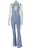 Blue Sexy Leopard Print Backless Halter Skinny Jumpsuits