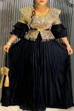 Black Elegant Solid Color Hot Drill U Neck Long Plus Size Dresses