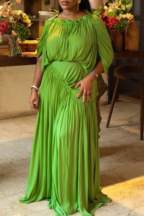 Green Yellow Elegant Solid Color Ruched O Neck Long Dresses