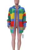 Colour Casual Stripe Contrast Cardigan Collar Outerwear