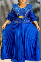 Blue Elegant Solid Color Hot Drill U Neck Long Plus Size Dresses