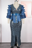 Coffee Elegant Solid Color Sequins Slit V Neck Long Plus Size Dresses