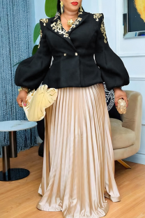 Black Elegant Print Pleated Turn-back Collar Plus Size Two Pieces