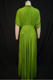 Green Yellow Elegant Solid Color Ruched O Neck Long Dresses