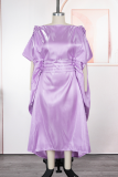 Green Casual Solid Color Ruched O Neck Long Dresses