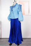 Blue Elegant Print Pleated Turn-back Collar Plus Size Two Pieces