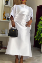 White Casual Solid Color Ruched O Neck Long Dresses
