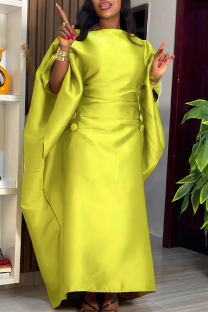 Green Casual Solid Color Ruched O Neck Long Dresses