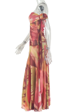 Red Yellow Sexy Print Ruched Strapless Long Dresses