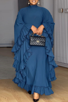 Blue Elegant Solid Color Flounce Half A Turtleneck Long Dresses