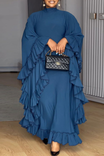 Blue Elegant Solid Color Flounce Half A Turtleneck Long Dresses