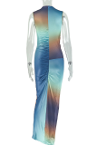 Blue Elegant Print Contrast O Neck Wrapped Skirt Dresses