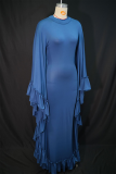 Blue Elegant Solid Color Flounce Half A Turtleneck Long Dresses