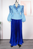 Blue Elegant Print Pleated Turn-back Collar Plus Size Two Pieces