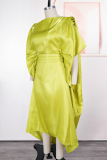 Green Casual Solid Color Ruched O Neck Long Dresses