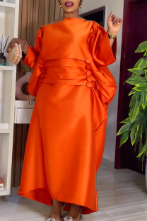 Orange Red Casual Solid Color Ruched O Neck Long Dresses
