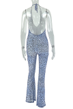 Blue Sexy Leopard Print Backless Halter Skinny Jumpsuits