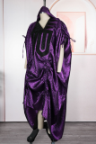 Purple Casual Solid Color Draw String Ruched V Neck Long Dresses