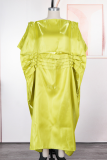 Green Casual Solid Color Ruched O Neck Long Dresses