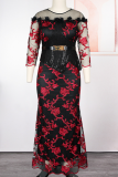 Red Sexy Print Lace O Neck Long Plus Size Dresses