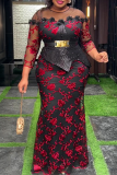 Red Sexy Print Lace O Neck Long Plus Size Dresses