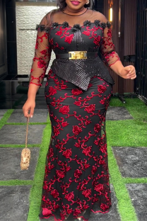 Red Sexy Print Lace O Neck Long Plus Size Dresses