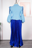 Blue Elegant Print Pleated Turn-back Collar Plus Size Two Pieces