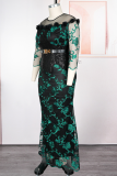 Red Sexy Print Lace O Neck Long Plus Size Dresses