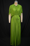 Green Yellow Elegant Solid Color Ruched O Neck Long Dresses