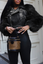 Black Casual Solid Color Zipper Turndown Collar Outerwear