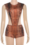 Orange Sexy Snakeskin Print Hollow Out O Neck Skinny Rompers