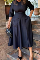 Black Casual Solid Color Pocket O Neck Long Dresses
