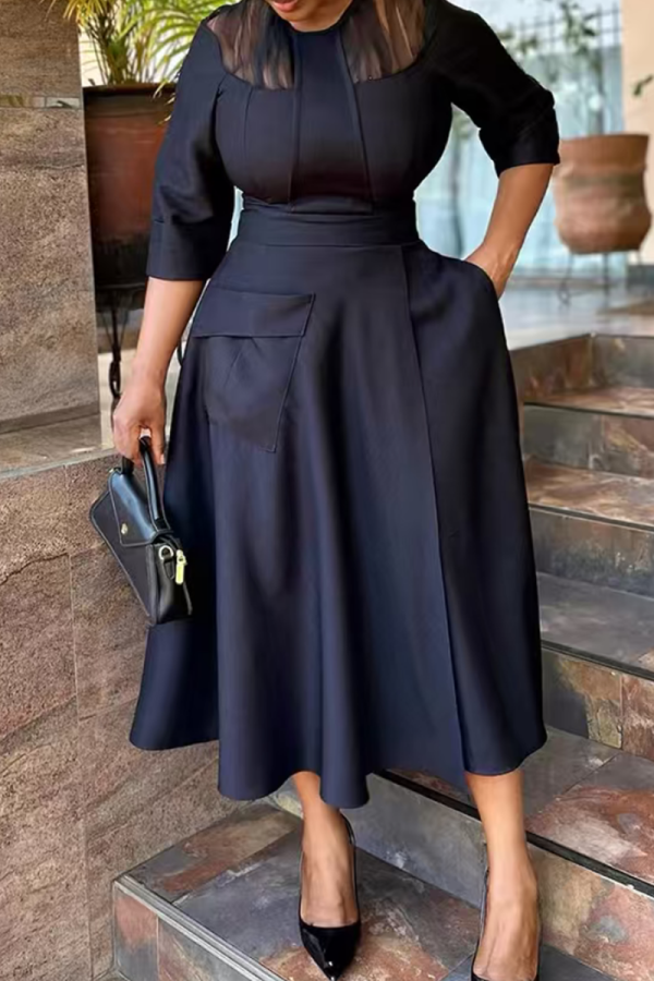 Black Casual Solid Color Pocket O Neck Long Dresses