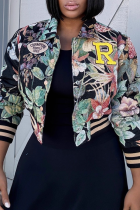 Black Casual Letters Embroidered Turndown Collar Outerwear
