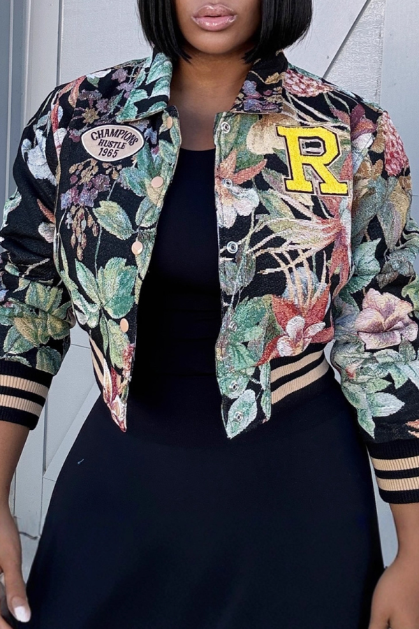 Black Casual Letters Embroidered Turndown Collar Outerwear