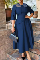 Blue Casual Solid Color Pocket O Neck Long Dresses